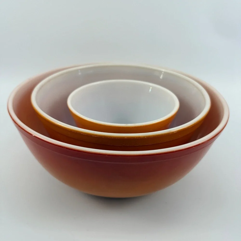 Vintage Pyrex Flameglo Mixing Bowl Set 404 403 401 Orange Nesting Bowls